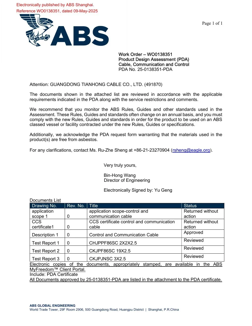 American Bureau of Shipping certificate